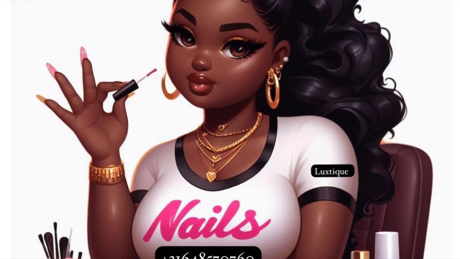 De Luxtique Nails illustratie: een nagelstyliste met roze Nails shirt en gouden sieraden